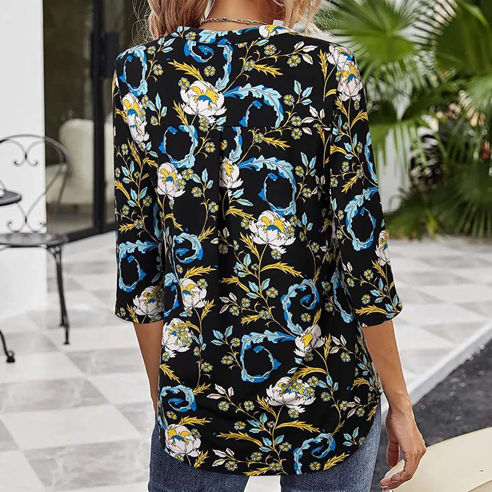 Flowers Print Tops V Neck Long Sleeve Flowers Print Shirt Women Blouse - Minihomy