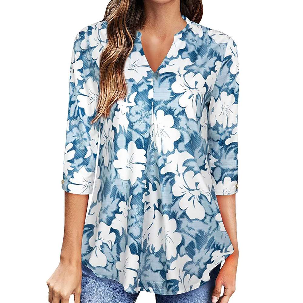 Flowers Print Tops V Neck Long Sleeve Flowers Print Shirt Women Blouse - Minihomy