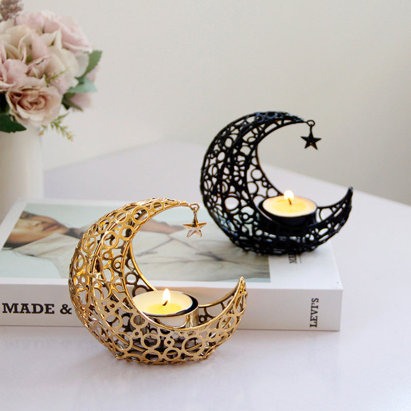 Modern Romantic Crescent Moon and Star Metal Candle Holder - Light Luxury Home Decor