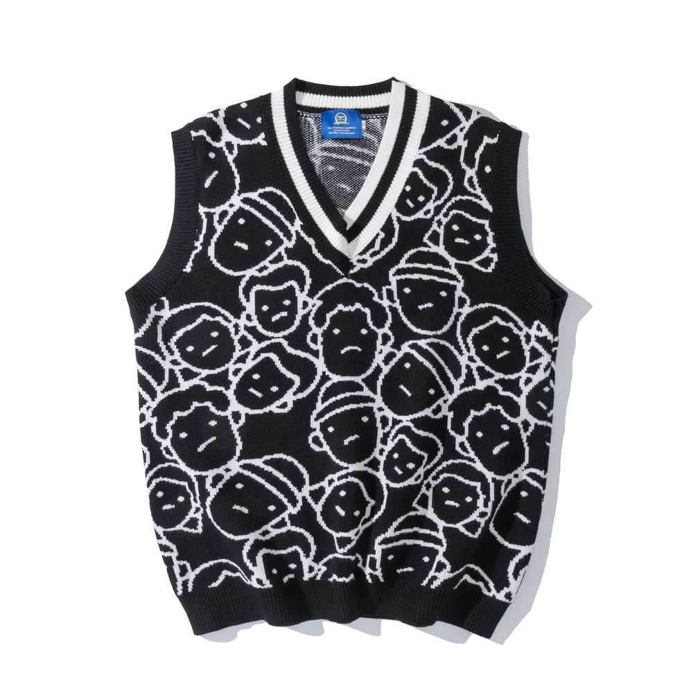 Knit Sweater Couple Printing Sleeveless Sweater Men: Vintage Comfort for Every Season - Minihomy