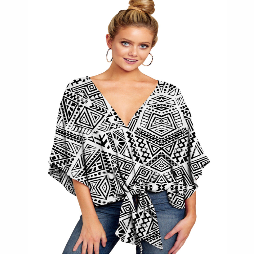 Spring And Summer V-neck Short-sleeved Printed Loose Top Women's