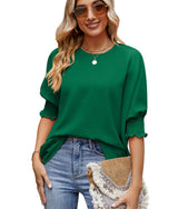 Women's Loose T-shirt With Elastic Sleeves - Solid Color Outfit