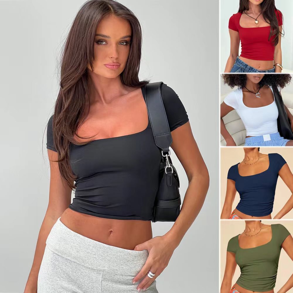 Slim Short-sleeved T-shirt Summer Fashion Solid Color Square-neck Tops Womens Clothing