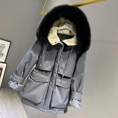 Hooded Faux Fur Collar Women's Clothing Big Pocket Down Jacket Female Winter Coat Woman