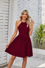 Halter Strapless Dresses For Women Solid Pleated Skirt Summer Beach Sundress - Minihomy