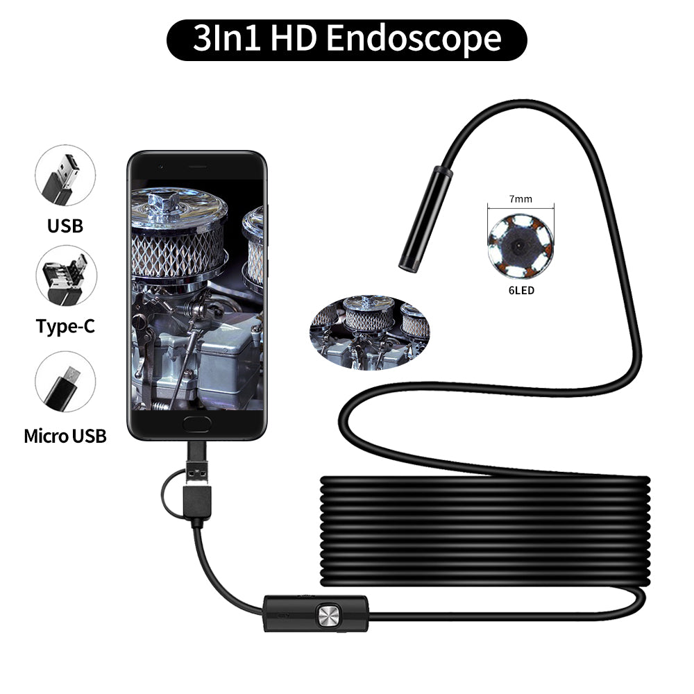 Endoscope 3-in-1 USB Micro USB Type-C Borescope Inspection Camera
