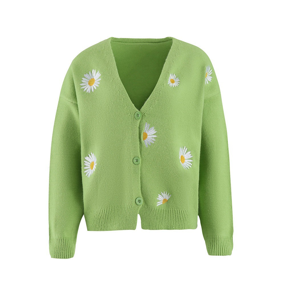 Women's Single Breasted Sweater Chrysanthemum Embroidered Cardigans Coat Clothes