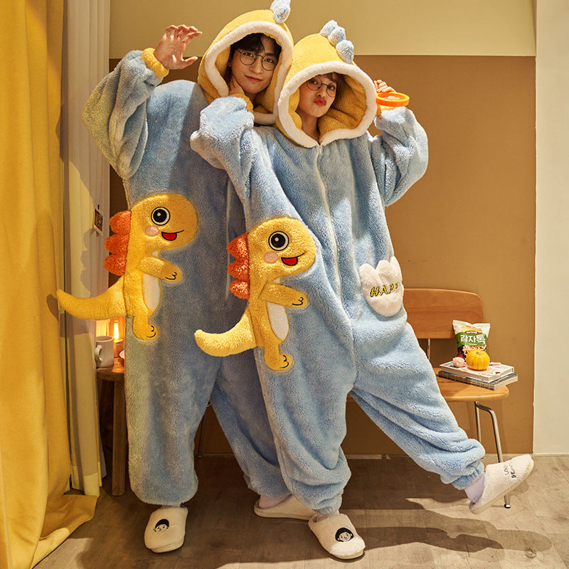 Cute Cartoon Jumpsuit Homewear Couple One-piece Nightgown Coral Fleece Winter Thickened Plush Pajamas For Women Home Clothes