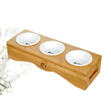 Bamboo & Ceramic Pet Dog Bowls - Single, Double, & Triple Sets - Stainless Steel Table