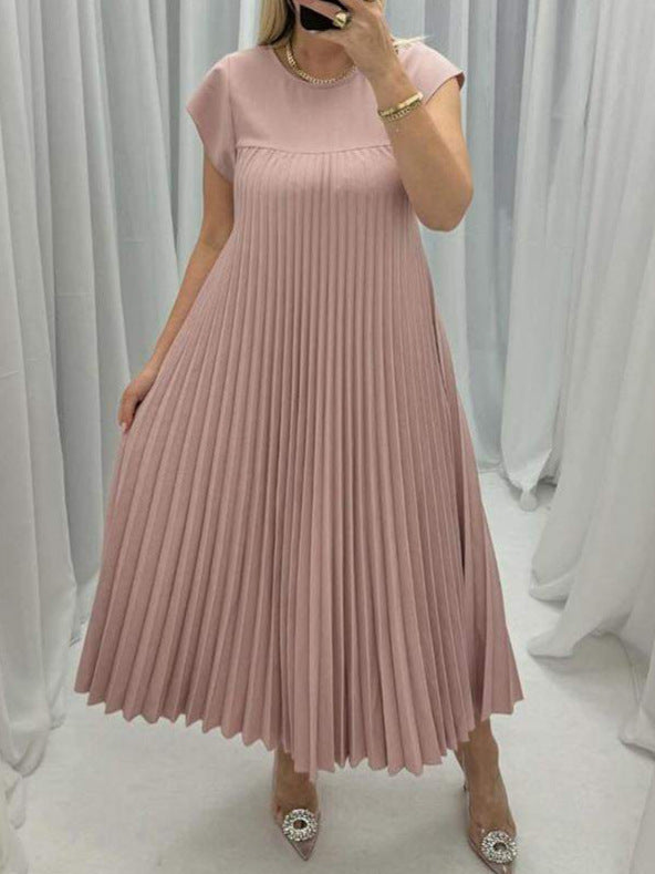 Women's Short Sleeve Pleated Long Summer Dress - Round Neck Casual