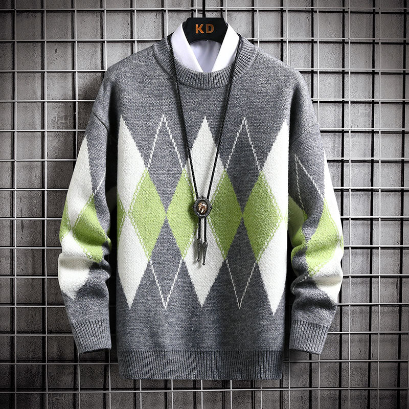 Men's Sweater Round Neck Trend Loose Plaid Top - Minihomy