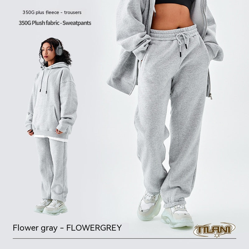 Fleece-lined Thick Loose Solid Color Sweatpants