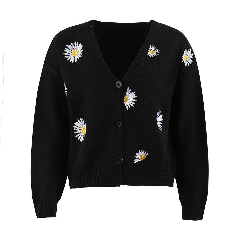 Women's Single Breasted Sweater Chrysanthemum Embroidered Cardigans Coat Clothes