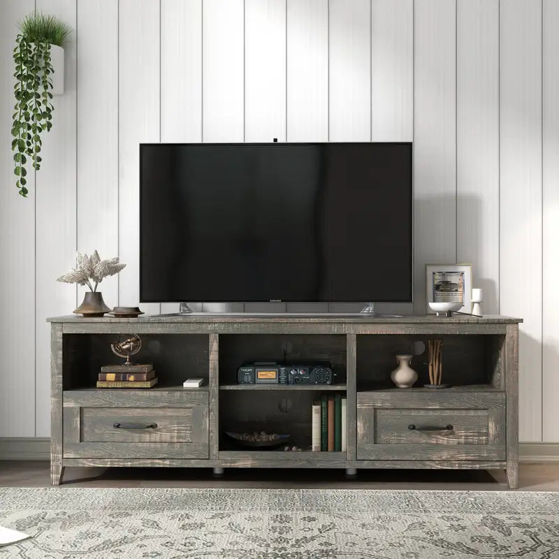 70" TV Sehpası Depolama Alanlı - 2 Çekmece, 4 Bölme, Siyah Çam