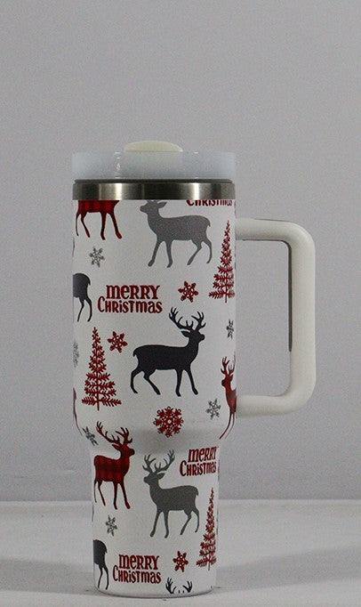 Christmas Pattern Mug With Handle Lid Straw Drinkware Stainless Steel Vacuum Tumbler Large Capacity Car Travel Coffee Cup - Minihomy