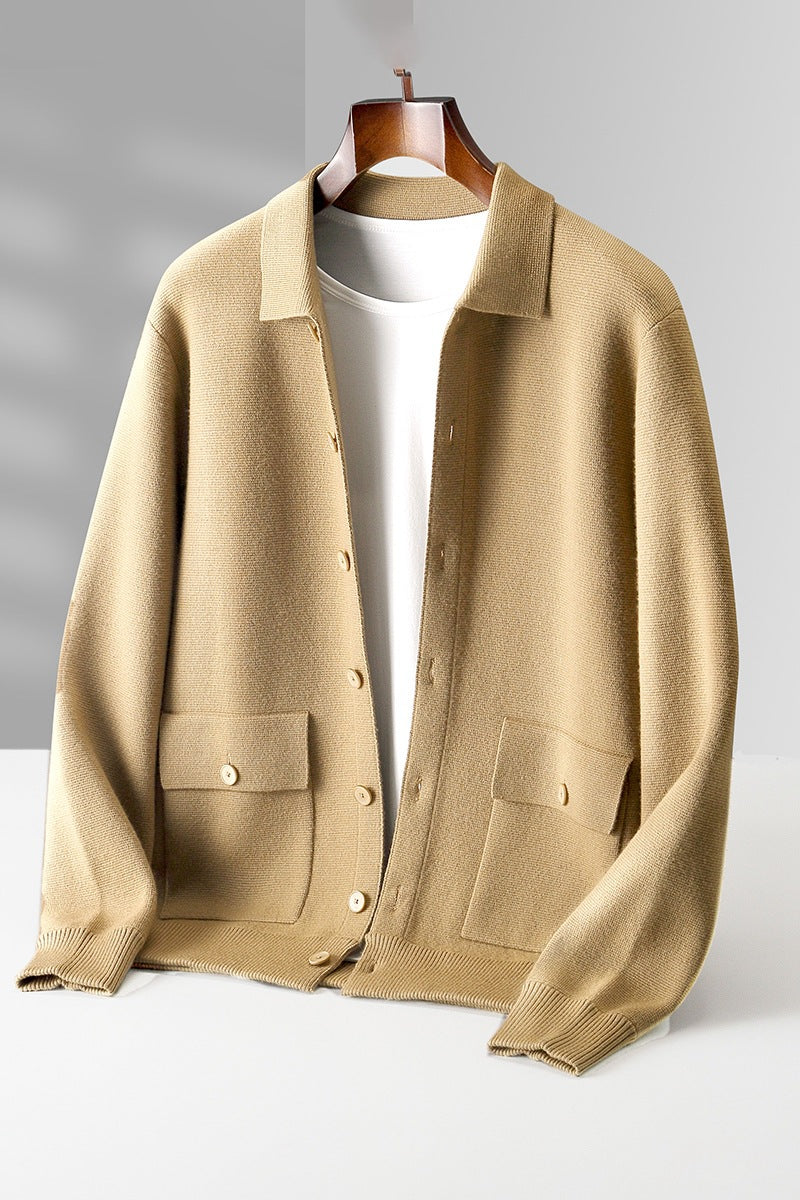 Men's Polo Collar Solid Color Wool Cardigan Autumn Winter Retro Pocket Thick Coat