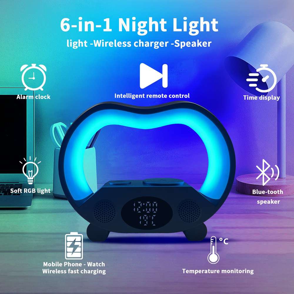 6-in-1 Smart Table Lamp: Bluetooth Speaker, Wireless Charger, Night Light, Remote Control & More - Minihomy