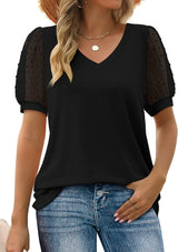 Women Summer Tops V Neck T Shirts Swiss Dot Puff Sleeve Tops Loose Casual T-shirts