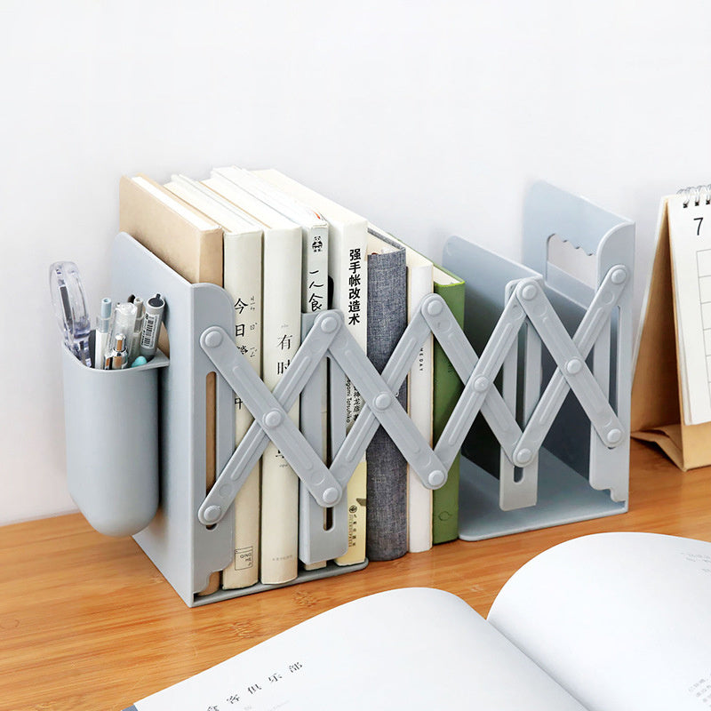 Retractable Bookends with Pen Holder - Adjustable Book Support for Shelves & Desk Organization