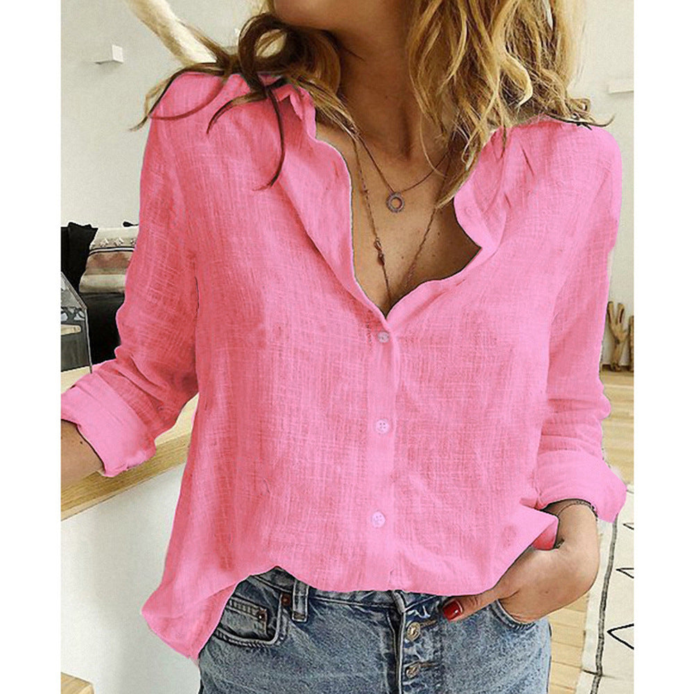 Loose Button Lapel Cardigan Top Long Sleeve Shirt Womens Blouses