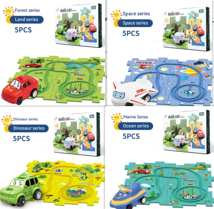 Children Puzzle Electric Railroad Speeder DIY Assembly Electric Car Automatic Rail City Scene