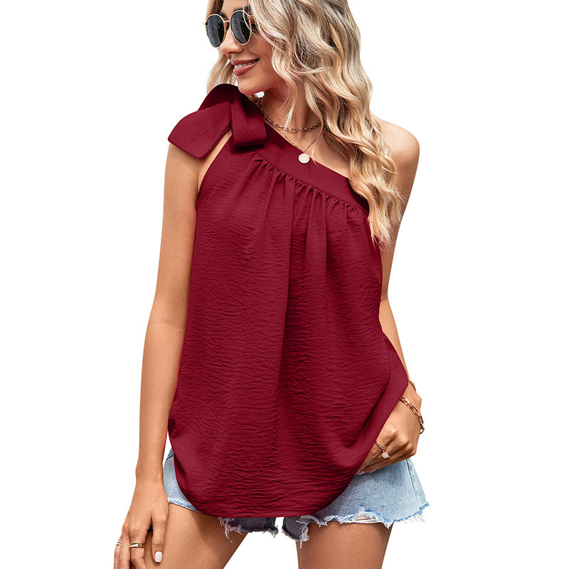 Cross-border Women's Clothing Shoulder Lace-up Bow Top One-shoulder Vest