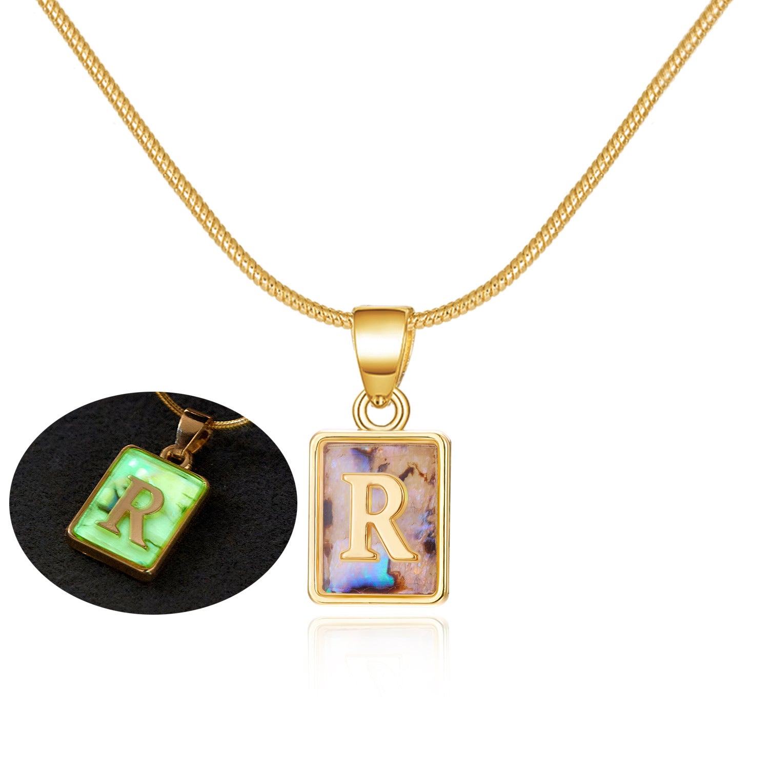 26 Letter Square Necklace Colorful Shell Luminous Pendant Chain Necklace For Women - Minihomy