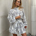 Ink Print Long Sleeve Short Dress With Fashion Puffy Sleeve Lapel Tie A-Line Dress Clothing - Minihomy