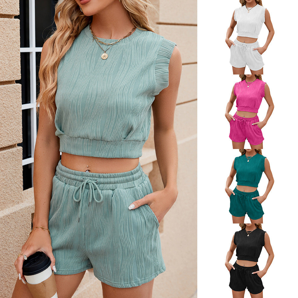 Women's Summer 2-Piece Set - Sleeveless Top and Drawstring Shorts with Wave Pattern Design
