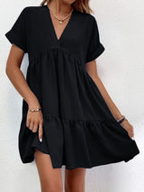 Short-sleeved V-neck Dress Summer Casual Sweet Ruffled Dresses Solid Color Holiday Beach Dress For Womens Clothing