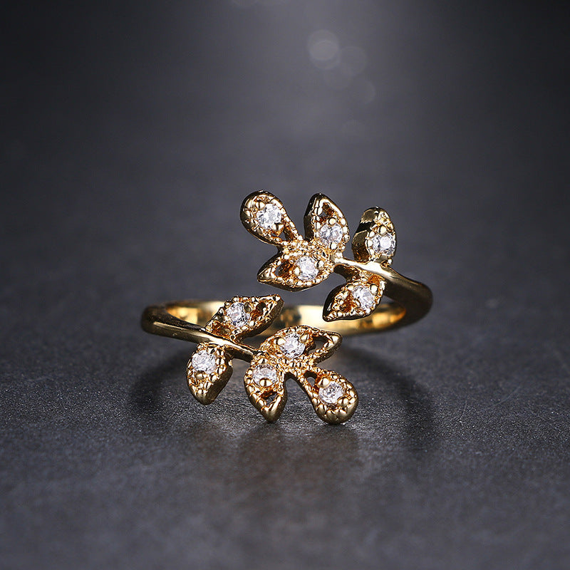 Leaf-shaped Open Diamond Ring 18K Real Gold Plating