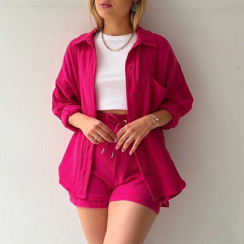 Long Sleeve Shirt and High Waist Drawstring Shorts Set