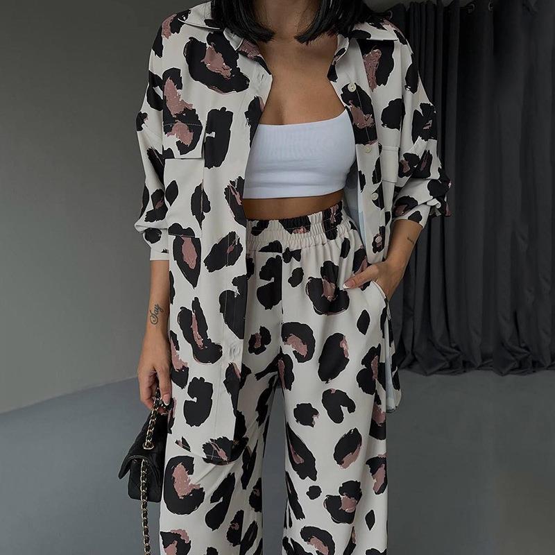 Printed Design Long-sleeved Shirt Wide-leg Pants Two-piece Set