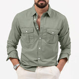 Men Shirt Multi-pocket Solid Color Casual Long Sleeves Top