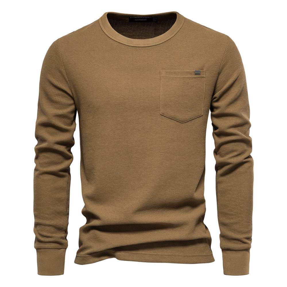 Men's Round Neck Pocket Waffle Long Sleeve Top