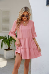 Women's Pleated Ruffled Short Sleeve Lace-up Dress