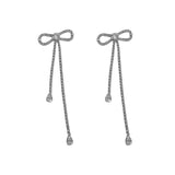 Silver Needle Long Bow Tie Full-jeweled Stud Earrings For Women