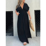 Summer V-Neck Batwing Sleeve Dress with Elastic Waist - Women's Casual Short Sleeve Maxi Dress