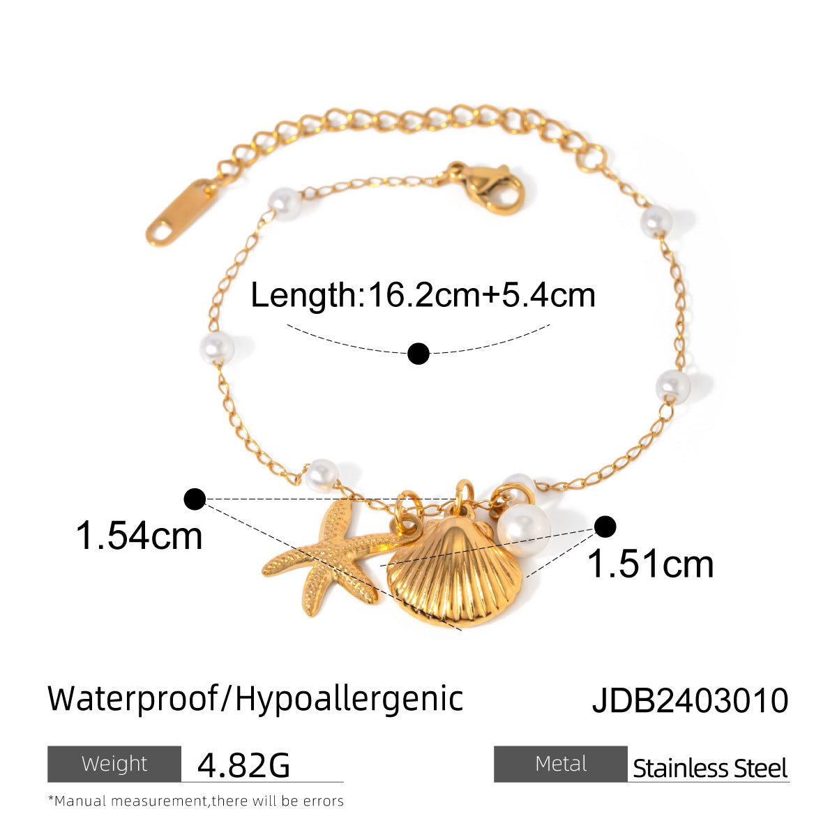 18K Gold Pearl Chain Bracelet - Summer Shell & Starfish Pendant