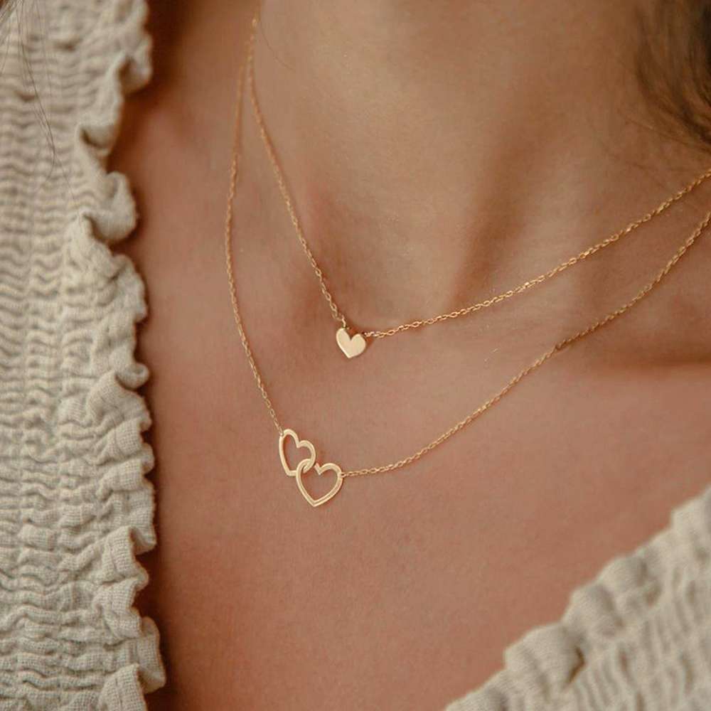 Double Layer Heart Pendant Necklace - Hollow Cross, Cute Classic, Women's Jewelry - Minihomy