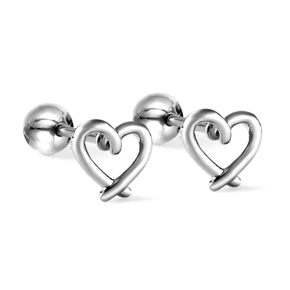 Love Heart Stud Earrings Stainless Steel Hollow Jeweled Earrings