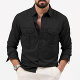 Men Shirt Multi-pocket Solid Color Casual Long Sleeves Top