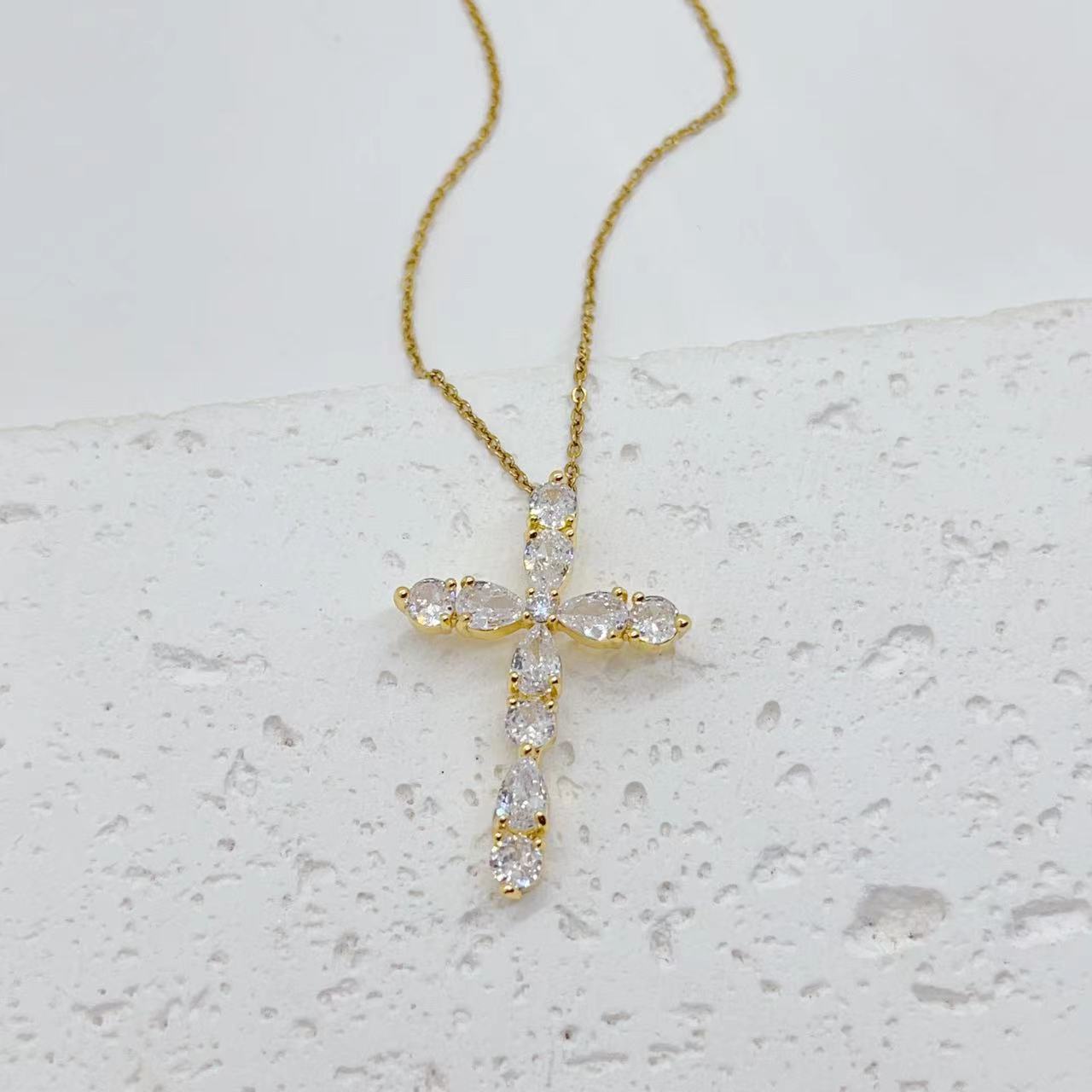 Micro Inlay Colorful Zircon Water Drops Cross Necklace: Symbol of Elegance and Faith - Minihomy