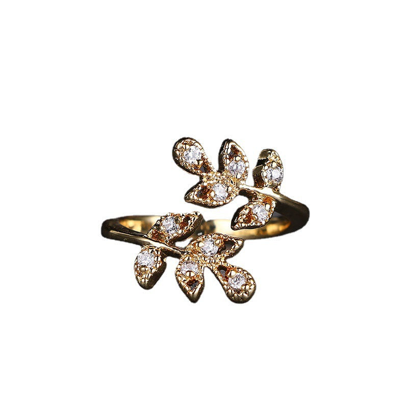 Leaf-shaped Open Diamond Ring 18K Real Gold Plating - Minihomy