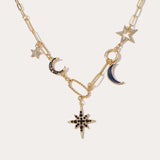 Copper Plated Gold Star & Moon Rhinestone Necklace - Fashion Jewelry