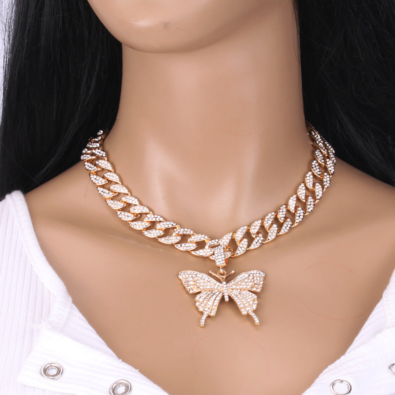 Hip Hop Trend Ins Style Diamond Butterfly Cuban Pull Daikin Clavicle Chain