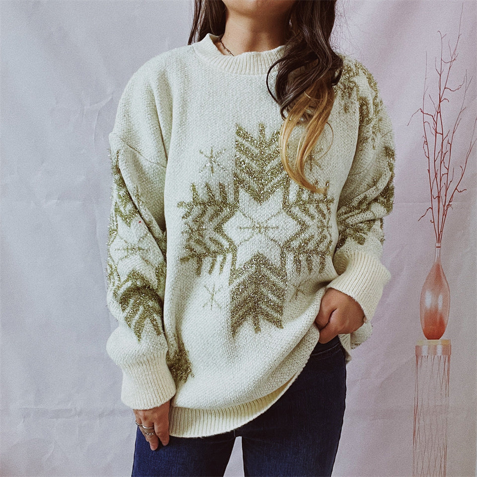 Women's Loose Gold Line Large Snowflake Christmas Sweater