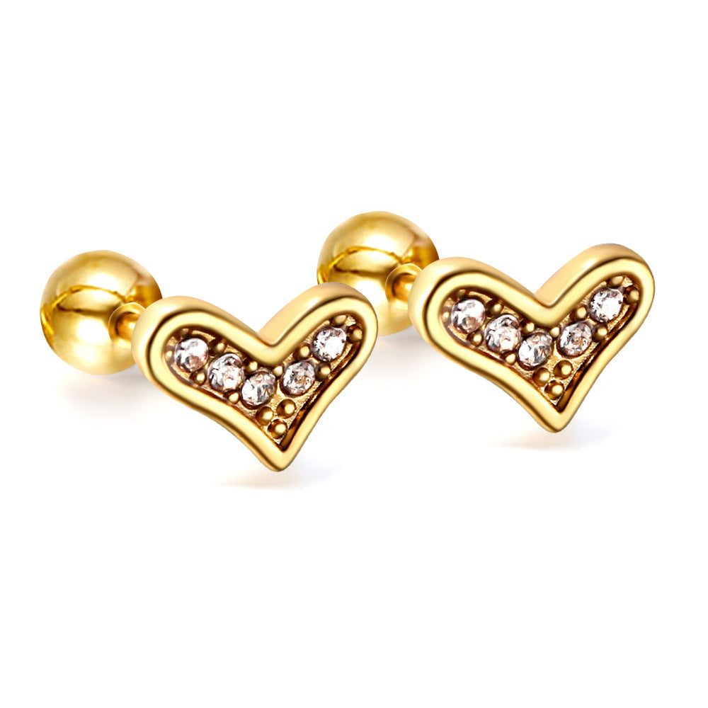 Love Heart Stud Earrings Stainless Steel Hollow Jeweled Earrings