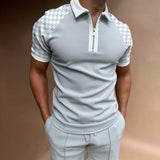 Short Sleeve POLO Shirt Casual Striped Plaid Print Zip Sweatshirt