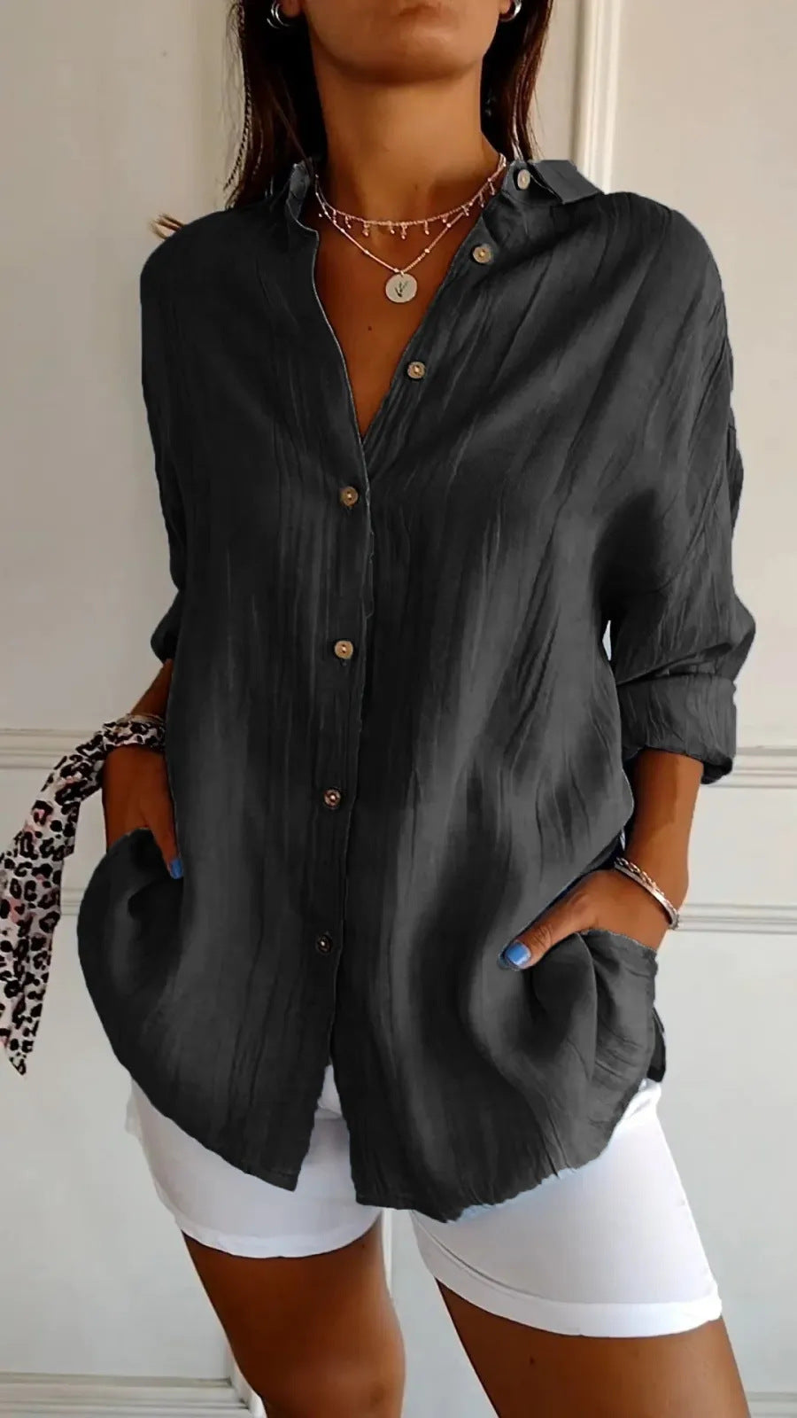 Women's Long Sleeve Lapel Pleated Shirt - Single-Breasted Casual Blouse